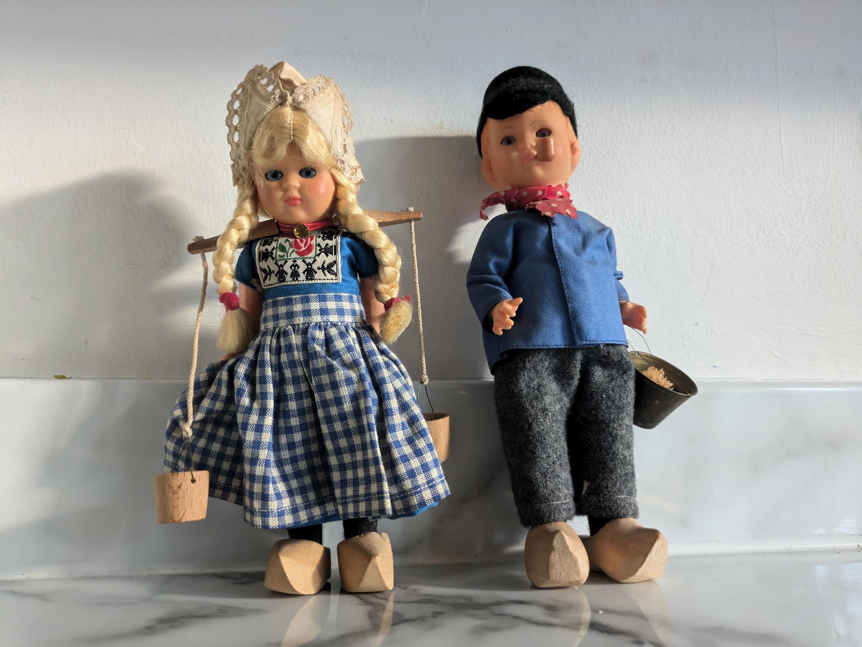 Vintage Traditional Dutch Swiss Holland Girl and Boy Dolls. Pair of Matching Dolls. Wooden Clogs. Folk Dolls, Plastic Dolls, Milkmaid Doll.