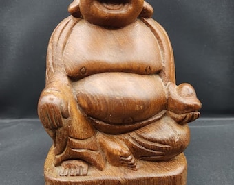 7.87インチのヴィンテージ木製置物、幸せな仏像 - 幸運のカリスマ的な