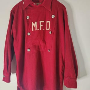 ヴィンテージ アンティーク 1930年代 赤いウール 消防士用ビブシャツジャケット シルバーFDボタン サイズL レア