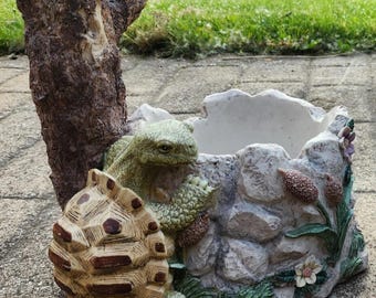 Vintage LARGE 13" Turtle Home Garden Patio Plant Holder Planter Sculpture Decor
