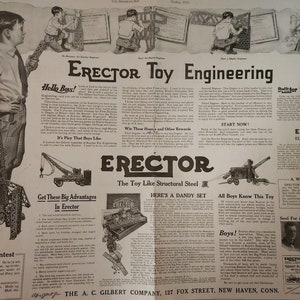 May include: A vintage advertisement for Erector toy engineering sets. The ad features a young boy building a tall structure with the set. The text highlights the educational value of the toy and encourages boys to "Start Now!" and "Win Them Honors and Other Rewards".