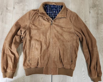 VTG Brooks Brothers Tan/Brown Goat Suede Leather Bomber Jacket Tartan Lined Sz M