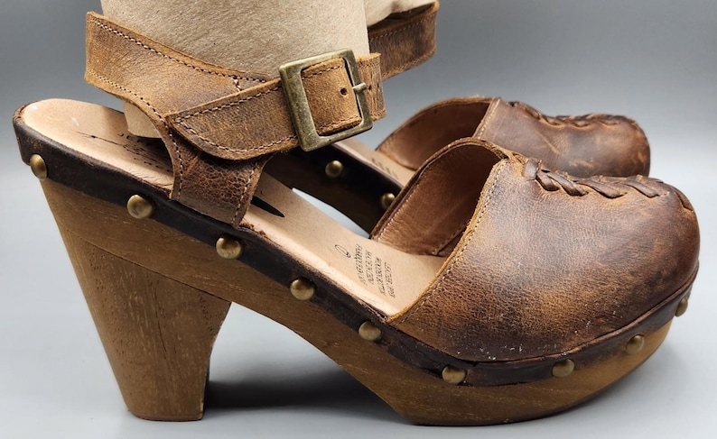 VTG Free People Brown Leather Strappy Slingback Ankle Strap Hippie Heels Size 7 image 8