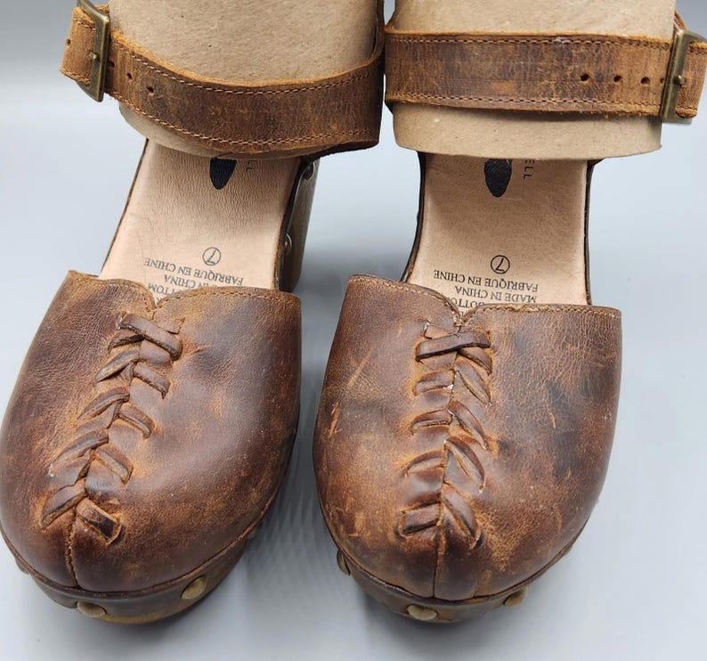 VTG Free People Brown Leather Strappy Slingback Ankle Strap Hippie Heels Size 7 image 3