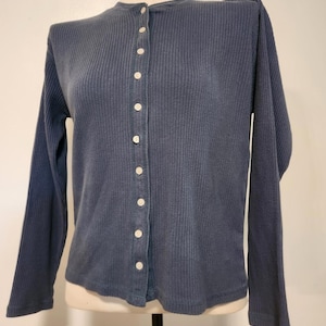 Y2K Vintage Aeropostale Blue Henley Ribbed Full Button Cotton Shirt Sweater Sz L
