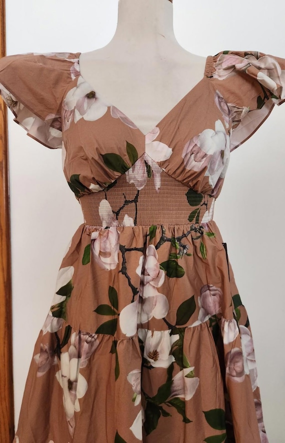 brown coquette dress NWT Express Brown Floral Baby Doll Coquette Tiered Forest Fairy Maxi Dress  XS