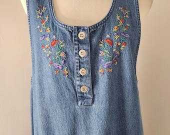 VTG True Blue Denim Overall Jumper Dress Embroidered Floral Cottage Modest Large