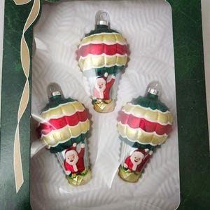 Vintage Boxed Set 3 Hot Air Balloon Santa Glass Christmas Ornament Hand Painted