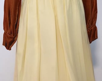 VINTAGE 1970s Bohemian Lace Velvet Yellow Chocolate Brown Hippie Maxi Dress S/M