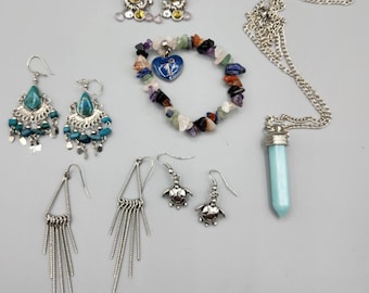 Vintage Costume Jewelry Lot Earrings Gemstone Bracelet Aquamarine Stone Necklace