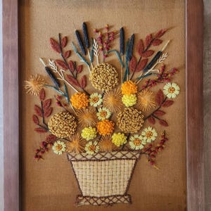 VTG 70s Framed Paragon Crewel Fall Bouquet Needlecraft Embroidered Art 28x22