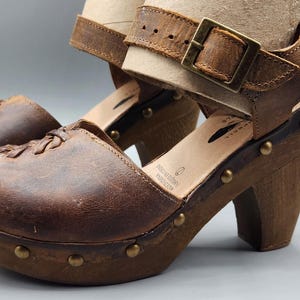 VTG Free People Brown Leather Strappy Slingback Ankle Strap Hippie Heels Size 7 image 5