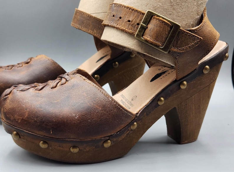 VTG Free People Brown Leather Strappy Slingback Ankle Strap Hippie Heels Size 7 image 5
