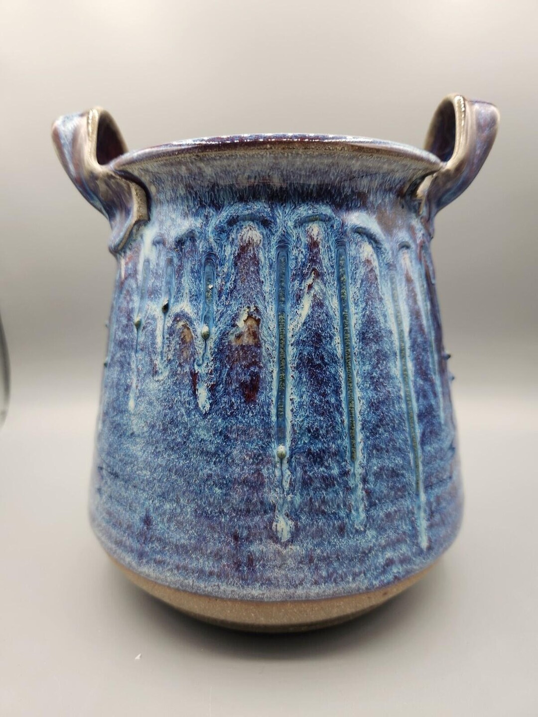 Vintage Signed Studio Pottery Blue Drip Glaze Handled Pot Jar Decor ...