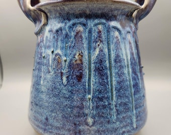 Vintage Signed Studio Pottery Blue Drip Glaze Handled Pot Jar Decor Farmhouse 8"