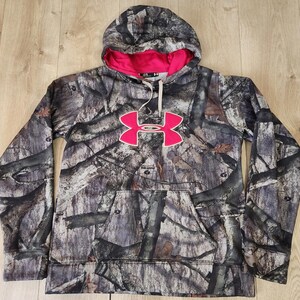 Under Armour Hoodie Womens Brown Pink Mossy Oak Camo Sweatshirt Pullover Large image 1