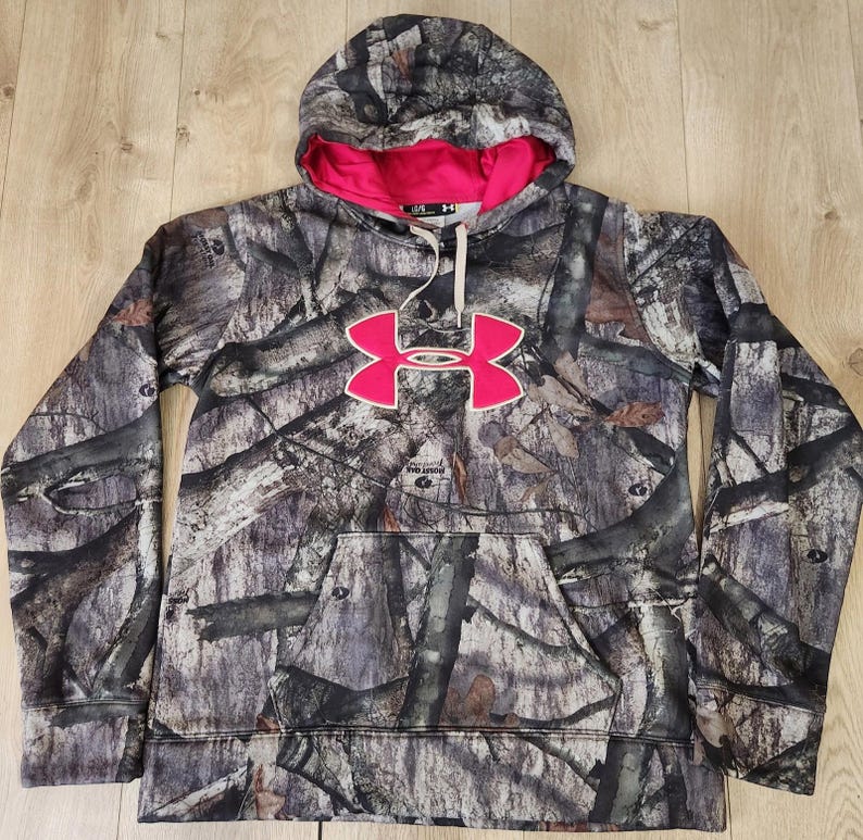 Under Armour Hoodie Womens Brown Pink Mossy Oak Camo Sweatshirt Pullover Large image 1