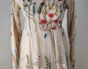 Floral Embroidered Forest Fairy Modest Long Sleeve Maxi Dress Lace Mesh Sz XS