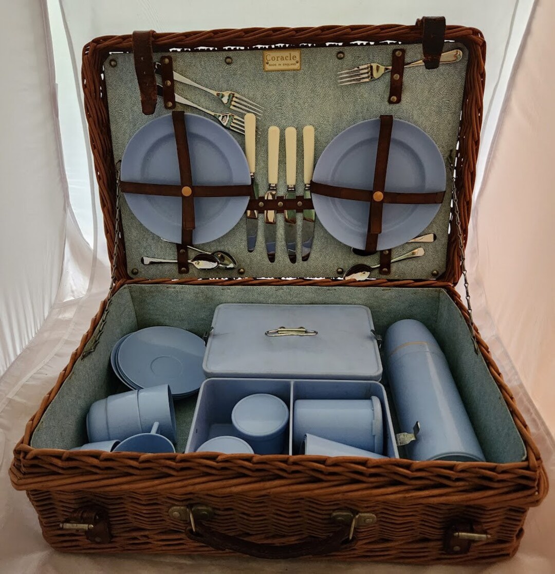 Vintage 1950s Coracle Wicker Picnic Basket 38pc Made in England Leather