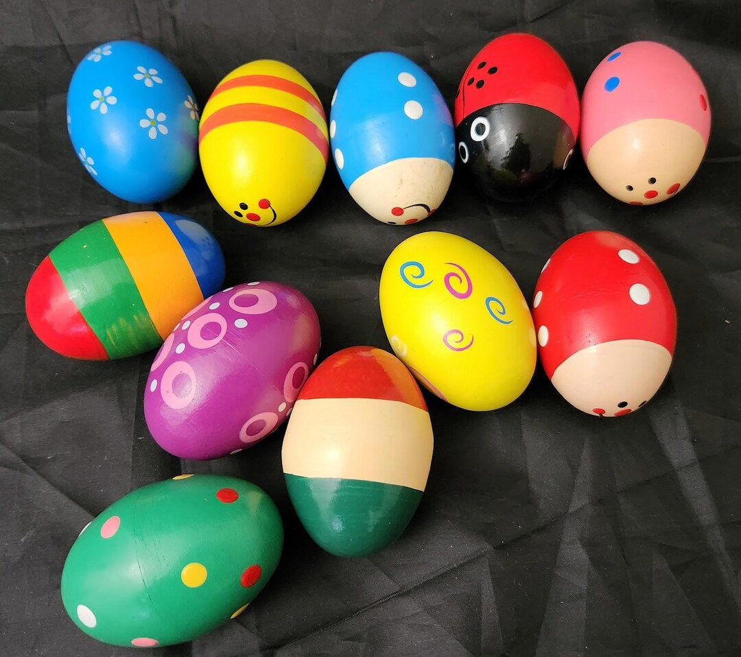 Set 11 Wooden Shaker Rattle Hand Painted Eggs Lady Bug Basket Stocking ...