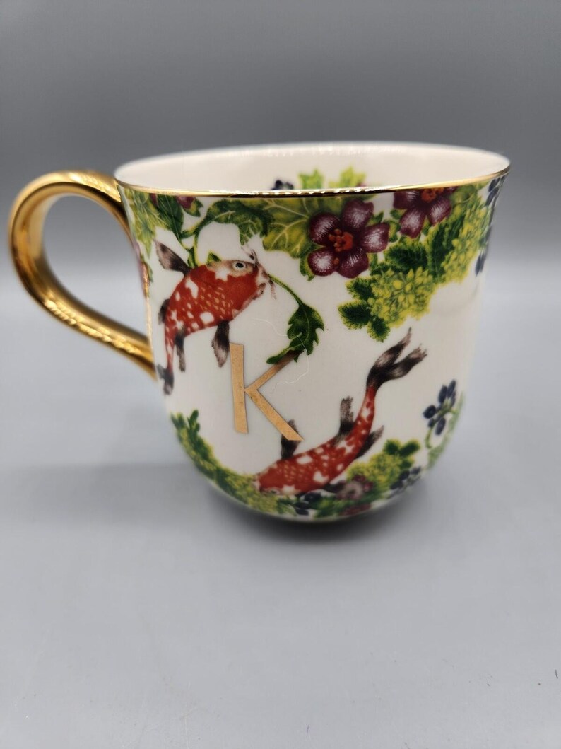 K Anthropologie x Lou Rota Nature Table Monogram Coffee Mug K Koi Fish Gold Trim image 4