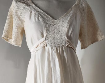 Banana Republic Bohemian Fairy Silk Ivory Dress Babydoll Crochet Embroidery Sz 6