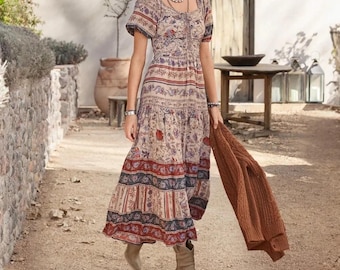 Sundance Tiered Peasant Smocked Ruched Milkmaid Maxi Dress Festival Floral Sz S
