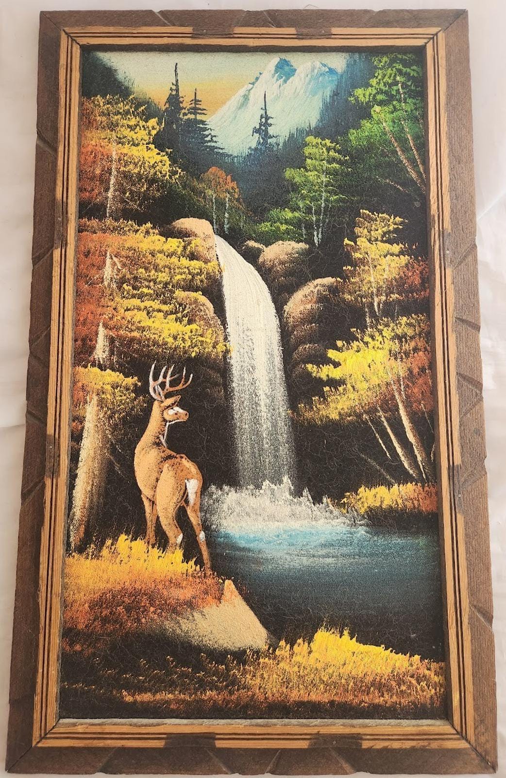 ヴィンテージベルベットの鹿の雄鹿の自然滝農家キャビンロッジ絵画