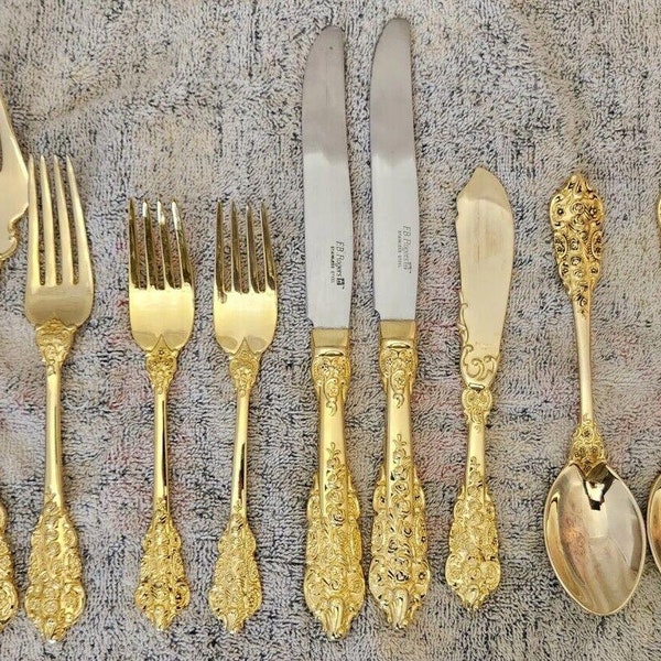 F.B. Rogers 12 Pcs Flatware Stainless Steel Gold Plated Rose Grand Antique