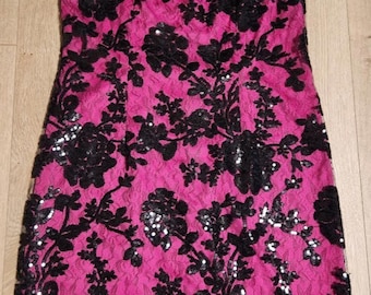 Vtg Y2K Pink Sheer Black Beaded Lace Floral Overlay Whimsigoth Fairy Dress Sz 10