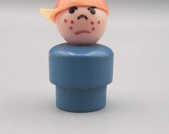 Vtg Fisher Price Little People Angry Boy Ballcap Sideway Blue Wooden Body