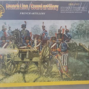 Puede incluir: Caja de modelo que muestra una escena histórica de artilleros franceses con uniformes azules disparando cañones. La caja incluye el texto "French Line/Guard artillery" y "French Artillery". Se ve el logotipo de la marca Italeri.