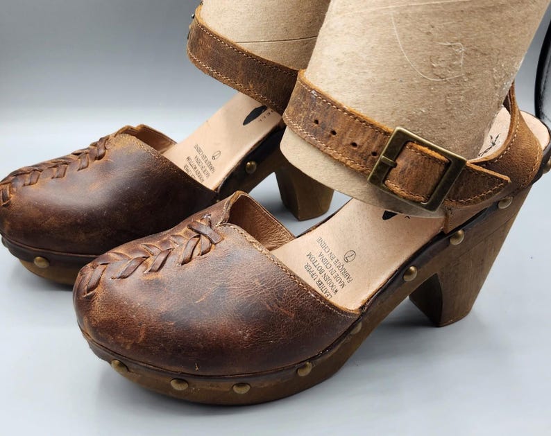 VTG Free People Brown Leather Strappy Slingback Ankle Strap Hippie Heels Size 7 image 2