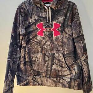 Under Armour Hoodie Womens Brown Pink Mossy Oak Camo Sweatshirt Pullover Large image 2