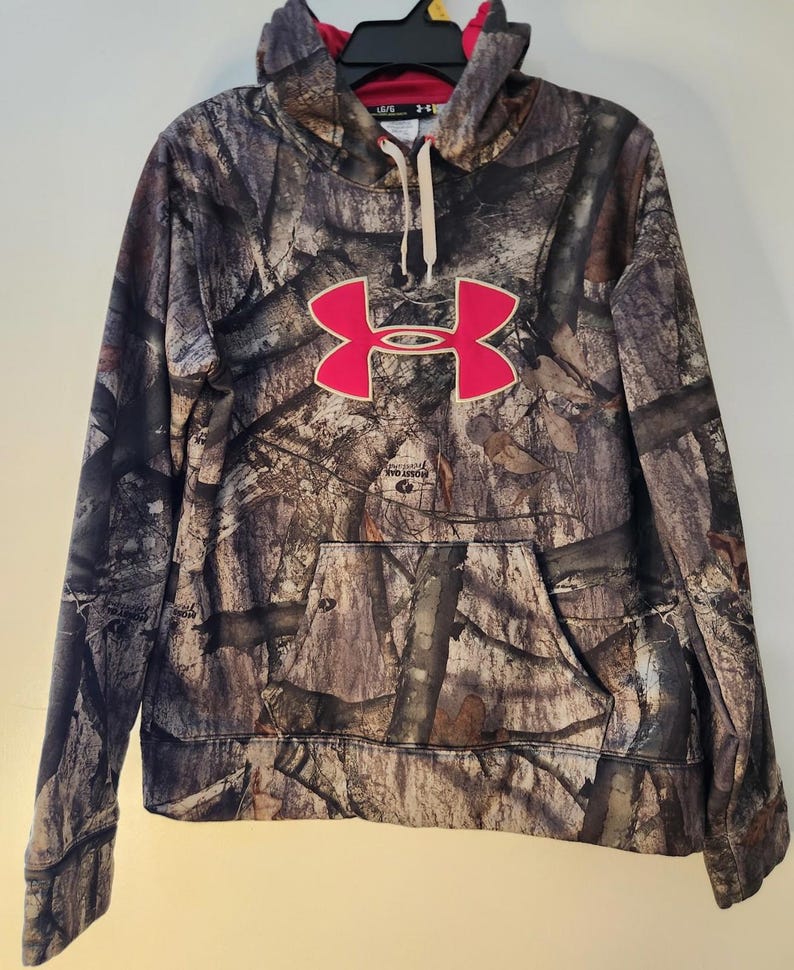 Under Armour Hoodie Womens Brown Pink Mossy Oak Camo Sweatshirt Pullover Large image 2