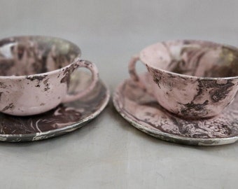 Sascha Brastoff SURF BALLET Pink and Platinum Swirl MCM Set 2 Teacups & Plates