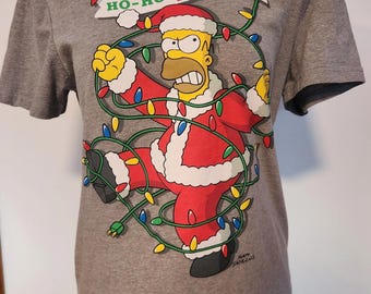 The Simpsons Ho Ho Homer Christmas Lights Santa Claus Graphic T-Shirt Grey Sz M