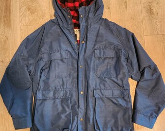 VTG L.L. Bean Baxter State Parka Wool Buffalo Plaid Lined Blue Hooded Coat Sz L