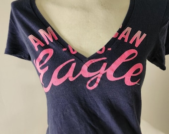 Vintage Y2K Blue Hot Pink American Eagle V-neck T Shirt Preppy Coquette Sz M