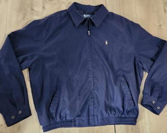VTG 80s Polo Ralph Lauren Pony Mens XL Blue Harrington Bomber Jacket Plaid Lined