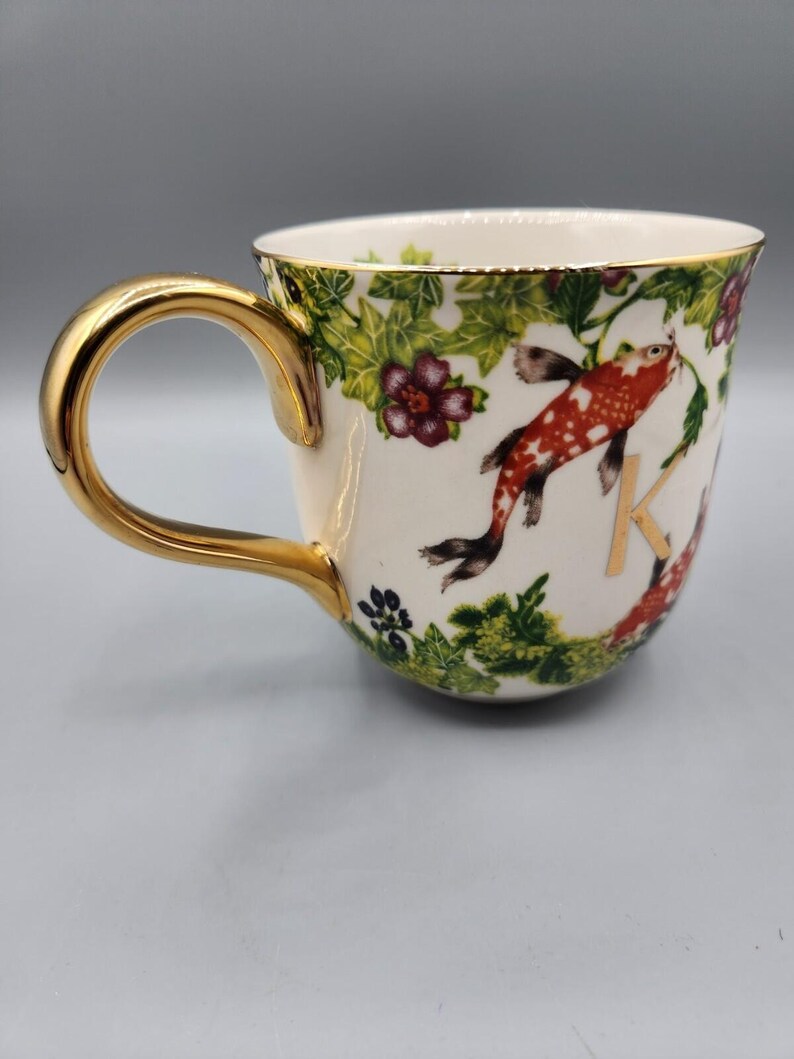 K Anthropologie x Lou Rota Nature Table Monogram Coffee Mug K Koi Fish Gold Trim image 2