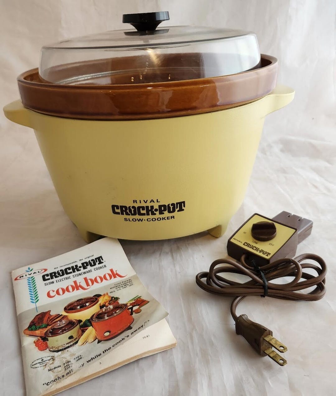 Vintage Rival 4 Qt Crock Pot Slow Cooker Rare Design Almond Brown W/lid ...