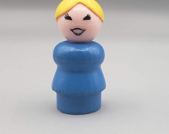Vintage Fisher Price Little People Wooden blue Mom Woman Yellow Blonde Hair