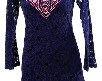 Y2K Dark Blue Pink Lace Short Witchy Gothic Whimsigoth Crochet Mini Dress Sz S