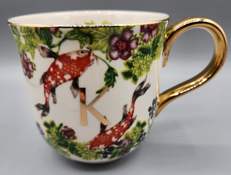 K Anthropologie x Lou Rota Nature Table Monogram Coffee Mug K Koi Fish Gold Trim image 1