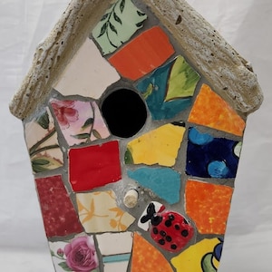 Stained Glass Tile Mosaic Birdhouse Ladybug Floral Butterflies Decor Garden Yard
