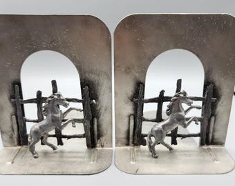 Western Equestrian Prancing Pony Horse Cowboy Cowgirl Metal Bookends Farmhouse