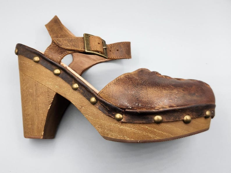 VTG Free People Brown Leather Strappy Slingback Ankle Strap Hippie Heels Size 7 image 14