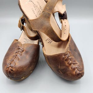 VTG Free People Brown Leather Strappy Slingback Ankle Strap Hippie Heels Size 7 image 1