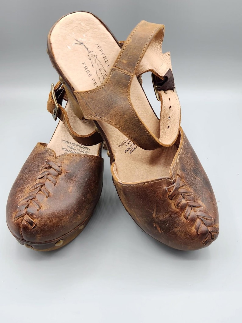 VTG Free People Brown Leather Strappy Slingback Ankle Strap Hippie Heels Size 7 image 1
